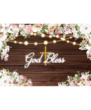 DORCEV 10x6.5ft Baby Shower God Bless Backdrop Brown Wood Planks Spring Floral Newborn Baby Kids Christening Photo Background Gold Glitters Decor Baptism Banner First Holy Communion Party Supplies
