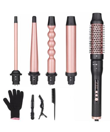 5 in 1 Curling Wand Set Curling Brush Curling Iron Set with Curling Brush and 4 Interchangeable Ceramic Curling Wand(0.5 -1.25 ) Fast Heating Include Glove & 2 Clips