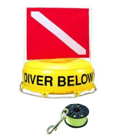 DiveSafe Scuba Round Buoy Float  with Collapsible Flag Stiffener, Split Ring and 100ft High Visibility Neon Yellow Finger Reel (ABS) for Surface Signaling