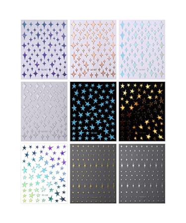 rumoe 9Pcs Colorful Stars Nail Art Stickers Decals Self-Adhesive Silver Nail Supplies Nail Art Design Decoration Accessories