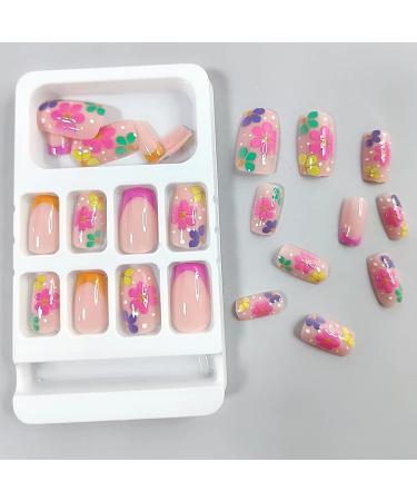24 Pcs Medium Square French Fake Nails | Acrylic Colorful Flower Designs | Glossy Full Cover False Nails | Manicure Decorations for Women and Girls - Buy Online on GoSupps.com
