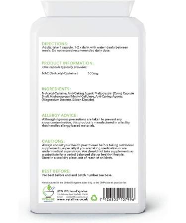 NAC N-Acetyl Cysteine 600mg Supplement | Liver Support & Amino Acid | 120 Capsules | Vegan Friendly & Made in UK by VYTALINE - Buy Online on GoSupps.com