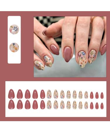 30 Pcs Reddish Brown Almond Press on Nails - BHLFRH Flower Design Full Cover Acrylic Fake Nails for Women & Girls - Perfect French Tips - Buy Online on GoSupps.com