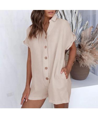 ESCBUKI Button Down Jumpsuit Women Solid Color Romper Dress, Short Sleeve Pantsuit - Khaki Sundress - Buy Online on GoSupps.com