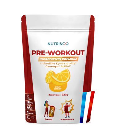 NUTRI & CO Pre-Workout Premium Quality Powder - Energizing Drink with L-Citrulline KyowaQuality®, Beta Alanine Carnosyn® and Caffeine - 220g Lemon Flavor - Vegan - Made in France