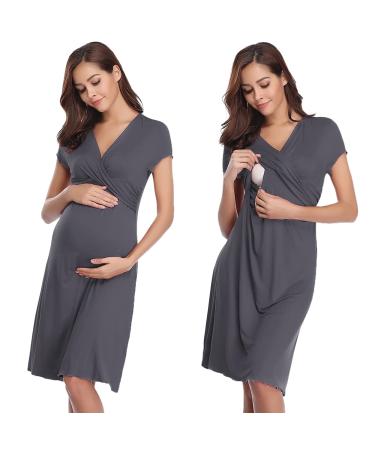 Irdcomps Women s Breastfeeding Nightdress Maternity Nightshirt Nursing Nightgown Soft V Neck Pajama Loungewear Tops Dress for Pregnant Casual Dark Grey S
