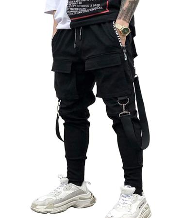 Men's Elastic Waist Harem Pants Jogger Drawstring Motor Biker Punk Trousers Hip Hop Pockets Sweatpants Medium Black