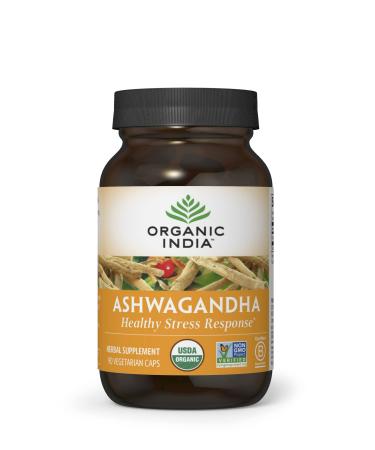 Organic India Ashwagandha Herbal Supplement - Stress Response Support, Vegan, Gluten-Free, Kosher, USDA Certified Organic, Non-GMO, Supports Mood, Endurance, Vitality & Strength - 90 Capsules 90 Count (Pack of 1)