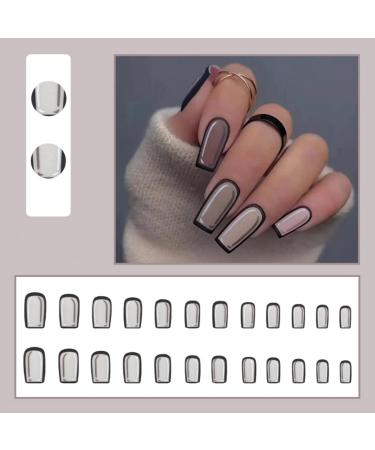 Justotry 24 Pieces Coffin Nails - Glossy Grey & Black French Press-On Nails with Glue | Medium Ballerina Fake Nails for Women - Buy Online on GoSupps.com