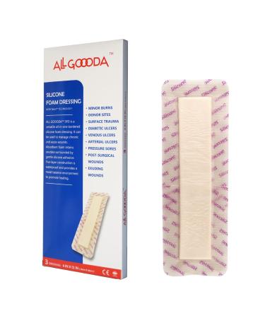 ALL GOOODA Silicone Foam Dressing 4 x12 3 Pack Post-Op Gentle Adhesive Border for Surgical Wound Care Incision Sacrum Pressure Sore Diabetic Ulcer Extra Long Large Wound Bandage