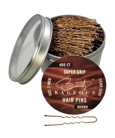 Super Grip - U Shaped Hair Pins - Brown - 400 Ct Approx - Handy Reusable Tin Brown 400 Count (Pack of 1)