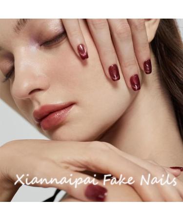 Red Press on Nails | Medium Length Coffin | Wine Red Acrylic Glue on Nails Set | 24 Pcs Elegant Gradient Design | Full Cover Shiny False Nails for Women - Buy Online on GoSupps.com