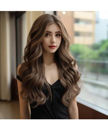 BERRYLION Long Dark Brown Wig for Girls|Brown Wigs for Women|Synthetic Curly Ladies Wigs for Daily&Party Use (Brown Mixed Blonde 24inch)