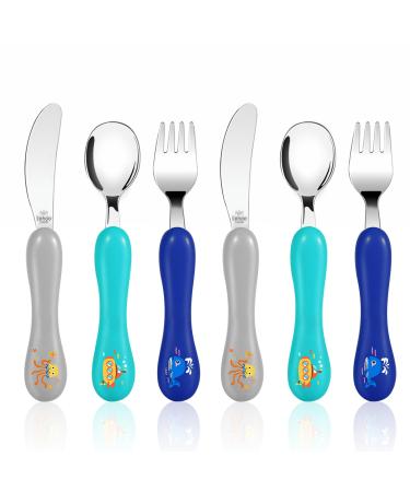 Lehoo Castle Toddler Cutlery 6pcs Stainless Steel Children's Cutlery Kids Cutlery Set Incudes 2 x Spoons 2 x Forks 2 x Knives Grey/Blue