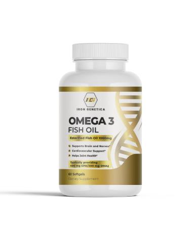 Iron Genetica Omega 3 Fish Oil High Potency EPA 400mg & DHA 300mg | Supports Heart Brain & Joint Health | Fish Oil 1000mg Capsules | Omega 3 Supplement | 60 softgels for Men & Women