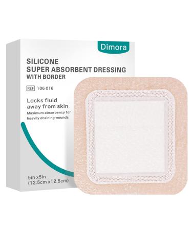Dimora Silicone Super Absorbent Wound Dressings, 5"X5" Self-Adhesive Bandages with Ultrasorb Polymer, 10 Packs 5"x 5" Self Adhesive