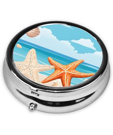 Seashells Sand Round Pill Box - 3 Compartment Portable Travel Medicine Organizer | Mini Decorative Pocket Purse for Vitamins & Tablets - Buy Online on GoSupps.com