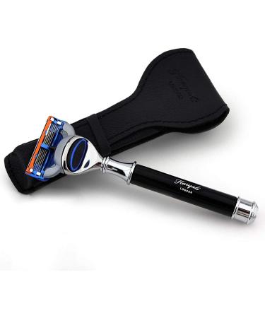 First-class combination of 5-edge cassette razor and genuine leather protective cover for perfect shave
