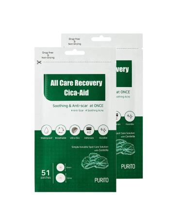 PURITO All Care Recovery Cica-Aid 51 Patches, Pack of 2,Blemish Spot, Acne pimple spot treatment, hydrocolloid Dots, Acne patch, Pimple Master, Absorbing cover, Centella, Invisible