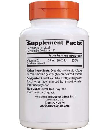 Doctor's Best Vitamin D3 50 mcg (2000 IU) - 180 Softgels for Immune Health - Buy Online on GoSupps.com