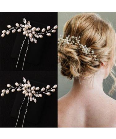 Bridal Pearl Hairpins Set - Wedding Hair Accessories for Women and Girls | Crystal Flower Hair Clips for Bridesmaids - 2 pcs - Buy Online on GoSupps.com