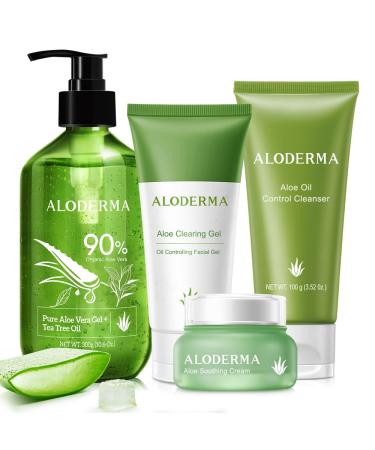 Aloderma Aloe Clearing Set - 5 Pieces - Cleanser Soothing Cream Aloe Vera Gel with Tea Tree Oil and Aloe Clearing Gel x2pcs