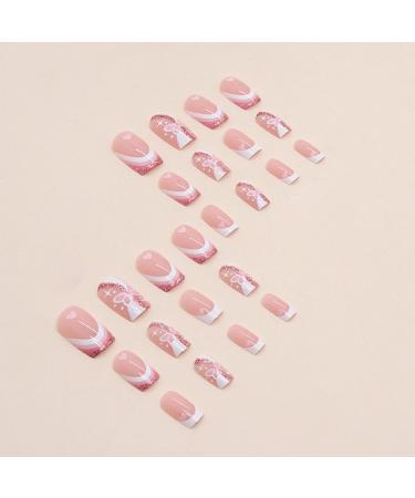 24 Pcs Pink French Press On Short Square False Nails with Butterfly & Heart Design - Nail Art Rose Pink with Glue - Stick On Nails for Women and Girls - Buy Online on GoSupps.com