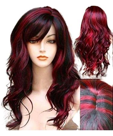 MeCamping Short Curly Wig with Bangs Synthetic Long Hair Wavy Red Mixed Black Wigs Party Cosplay Costume Halloween Wig Resistant Fiber Hair for Women Girls Red mixed with black