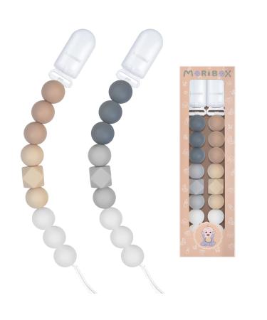 Pacifier Clips for Baby Boys Girls 2 Pack (Beige Grey)