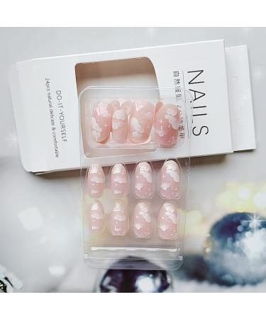 Almond Press on Nails - Medium White Clouds & Stars Acrylic False Nails | 24 Pcs Full Cover Stick on Nails for Women & Girls - Buy Online on GoSupps.com