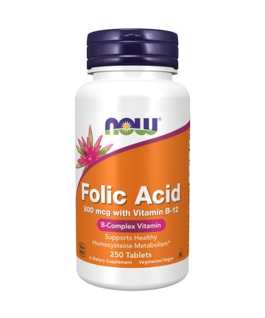 NOW Supplements, Folic Acid 800 mcg + B-12 (Cyanocobalamin) 25 mcg, B Complex Vitamin, 250 Tablets 250 Count (Pack of 1)