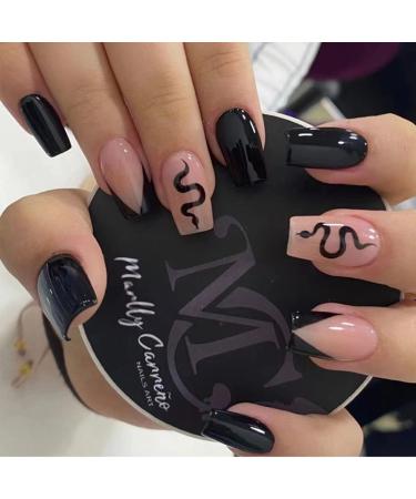 JUSTOTRY 24 Pcs Black Press on Nails Medium with Snake Designs Glossy False Nails Square with Nail Glue French Squoval Stick on Nails for Women and Teens Fake Nails for Girls Nails Art black&snake5-2