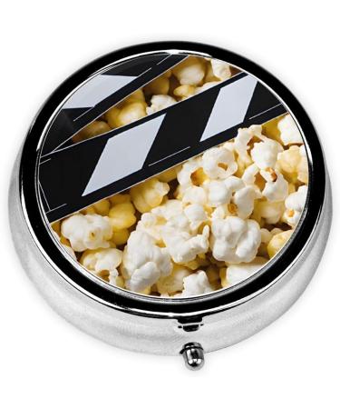 Cinema Movie Clapboard & Popcorn Round Pill Box - 3 Compartment Mini Decorative Travel Organizer for Medicine Tablets & Vitamins - Buy Online on GoSupps.com
