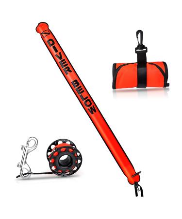 Owekfifv Surface Marker Buoy Set, 6ft Hi-Visibility Inflatable Closed Bottom Signal Tube Safety Sausage with 100ft/30m ABS Finger Spool Reel and Snap Kit for Underwater Scuba Diving Hi-viz Red
