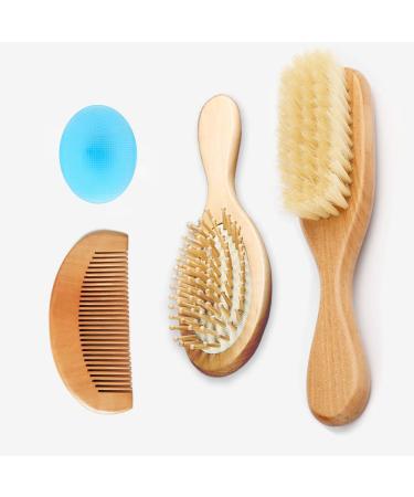 4 Piece Baby Hair Brush Set  Natural Bristles  Prevents & Treats Cradle Cap  Wooden Comb  Baby Brush for Massage  Perfect Baby Registry Gift