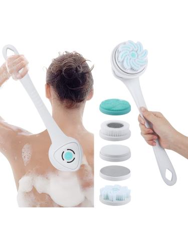 Electric Shower Body Brush  5 in 1 Back Brush Long Handle for Shower Brush  Used for Body Cleaning Exfoliating Massage  Body Scrubber with 5 Rotating Brush Heads(White  USB Charging)