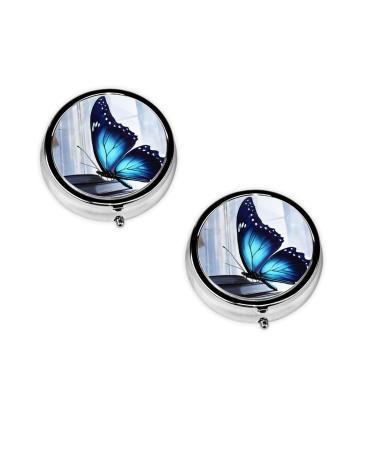 (Blue Butterfly) Round Pill Box 3 Compartment Pill Box Mini Decorative Pocket Purse Portable Travel Medicine Tablet Vitamin Holder Organizer Pill Case