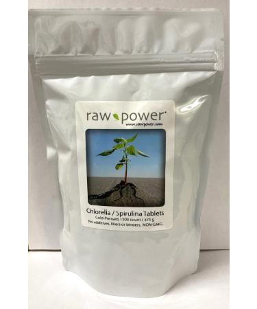 Raw Power Chlorella/Spirulina Tablets (1500 Count 375 g Cold-Pressed 50/50 Blend no additives fillers or Binders) Brand