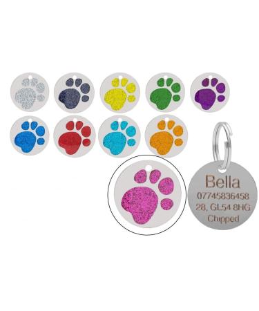 JK Personalised Engraved Round Glitter Paw Print Dog/Cat Pet ID Tag Small/Large (25mm - Standard Pink) 25mm - Standard Pink