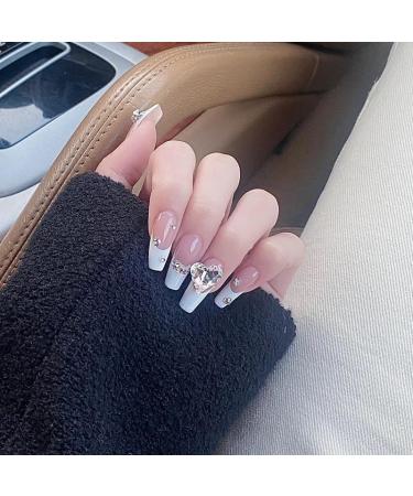 French Tip Press on Nails - Mid Length Press On Nails with Nail Tips Silver Glitter Rhinestones Love Design press on nails Acrylic False Nails Cute Artificial Nails