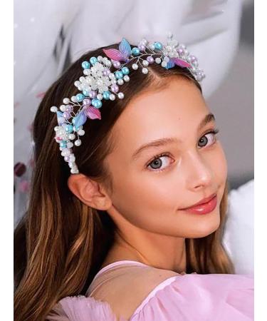 IYOU Mermaid Wedding Hair Vines Silver Pearl Headband Beads Princess Bridal Headpiece Hair Accessories for Flower Girls