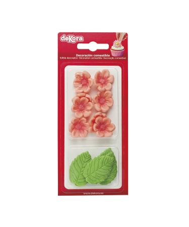 Dekora - Box of 8 Pink Sugar Flowers and 5 Green Leaves - Edible Cake Decorating Tools - Sugar Cake Decoration - Birthday Sugar Cake Decoration