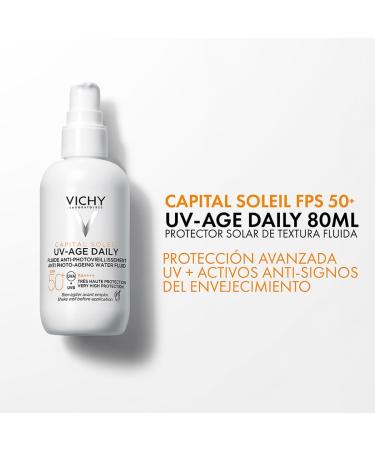 Vichy Capital Soleil UV-Age Daily Anti-Aging Sun Fluid SPF50+ Anti-Wrinkle and Anti-Dark Spot Effect Enriched with Niacinamide Probiotics Peptides and Vichy Volcanic Water 80 ml - Buy Online on GoSupps.com