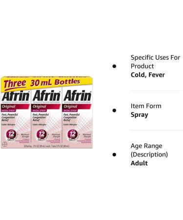 Afrin Original Maximum Strength 12 Hour Nasal Spray - 3 Bottles, 1 fl oz (30mL) Each - Buy Online on GoSupps.com