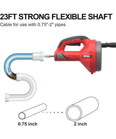 POPULO 23Ft Drain Auger - Heavy Duty Clog Remover for Kitchen & Bathroom | Manual & Powered Snake Tool with Drill Adapter - Buy Online on GoSupps.com