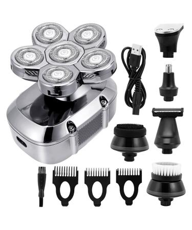 Head Shaver for Men 6 in 1 Cutter Clipper Shaver for Men 6 Floating Head Waterproof Electric Razor Multifunction LCD Display Rechargeable Trimmer (Color : Silver no Box)