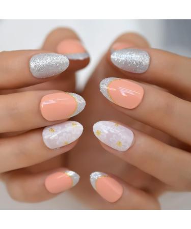 "Daisy blossom" silver -colored glitter soft orange shiny for pressing flower pattern picnic date daily party short oval floral finish complete cover 24 pieces / set