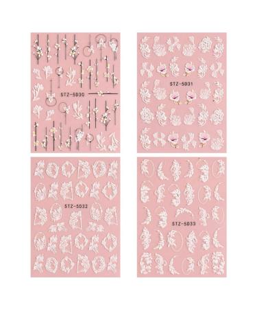 Tovmekdjn 5D Embossed Flower Nail Art Stickers 4 Sheets Self-Adhesive Decals Floral Design Nail Decoration for Women Easy Install Easy to Use