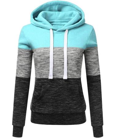 Bigfanshu Womens Fashion Casual Hoodies Sweatshirt Patchwork Ladies Hooded Blouse Warm for Winter Blue - Buy Online on GoSupps.com