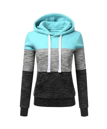Bigfanshu Womens Fashion Casual Hoodies Sweatshirt Patchwork Ladies Hooded Blouse Warm for Winter Blue